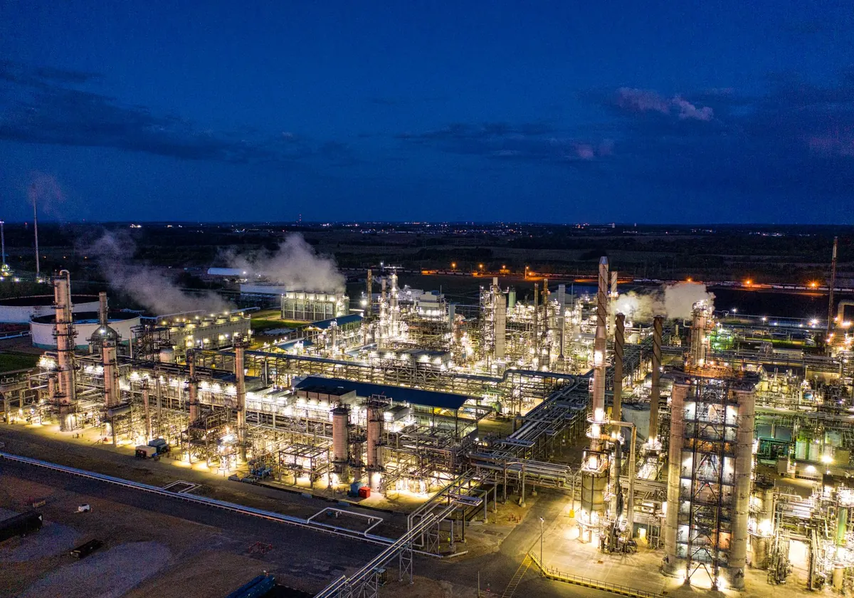 Petrochemical plant lit at night